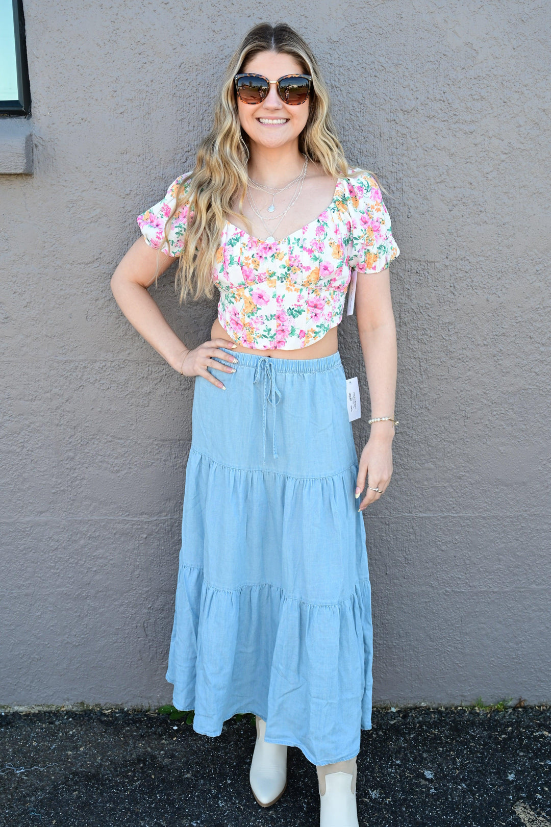 KARLA CHAMBRAY PULL ON TIERED MIDI SKIRT - West End Boutique