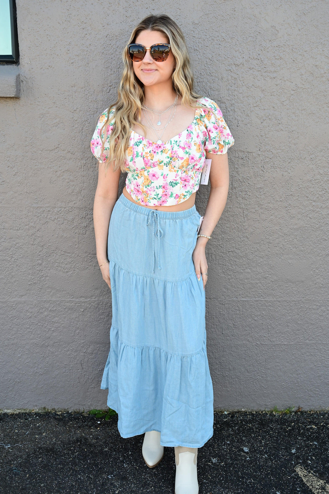 KARLA CHAMBRAY PULL ON TIERED MIDI SKIRT - West End Boutique