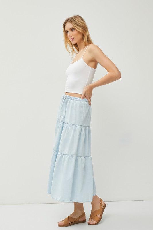 KARLA CHAMBRAY PULL ON TIERED MIDI SKIRT - West End Boutique