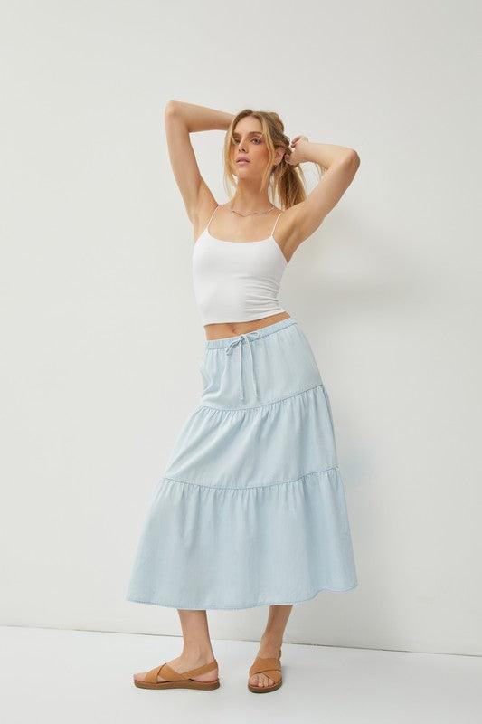 KARLA CHAMBRAY PULL ON TIERED MIDI SKIRT - West End Boutique