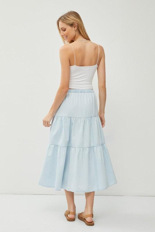 KARLA CHAMBRAY PULL ON TIERED MIDI SKIRT - West End Boutique