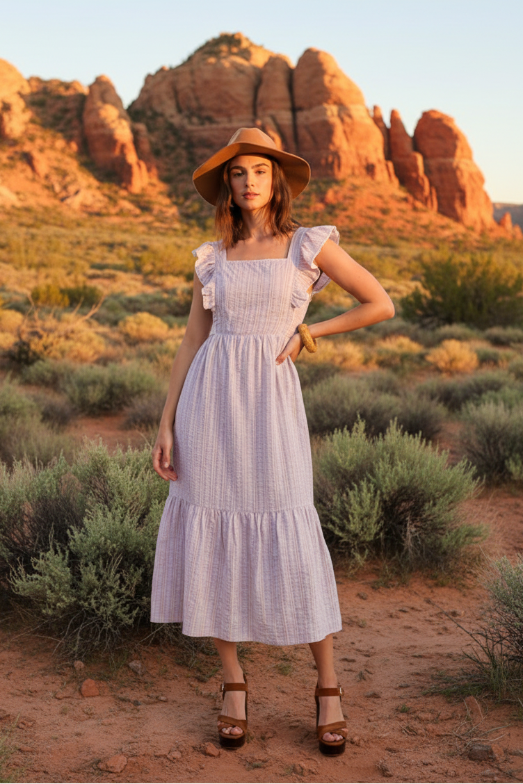 Lavender striped midi dress with ruffle straps and desert landscape