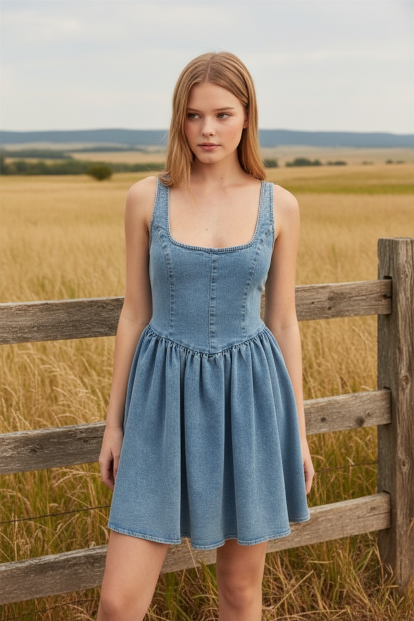Light blue denim fit and flare dress with western boho ranch background
