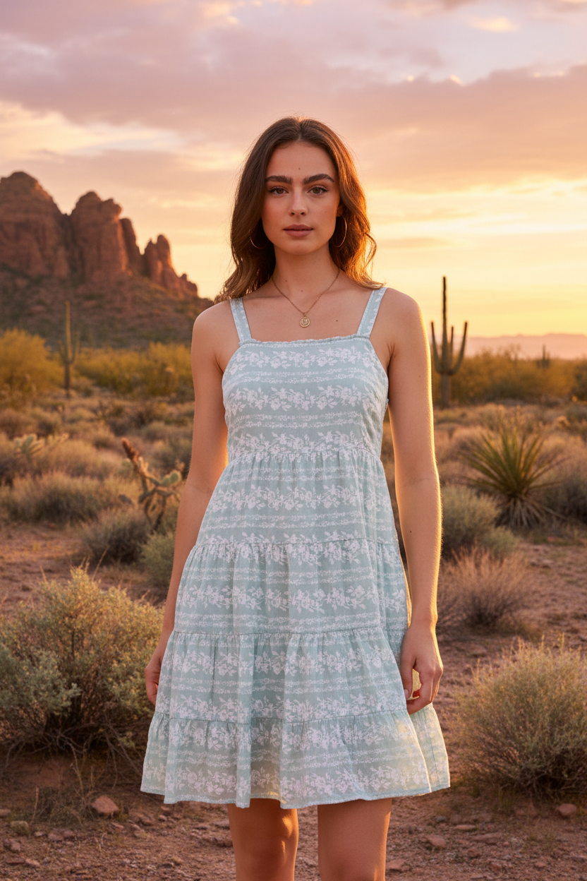Light blue floral tiered mini dress with balanced framing and desert landscape