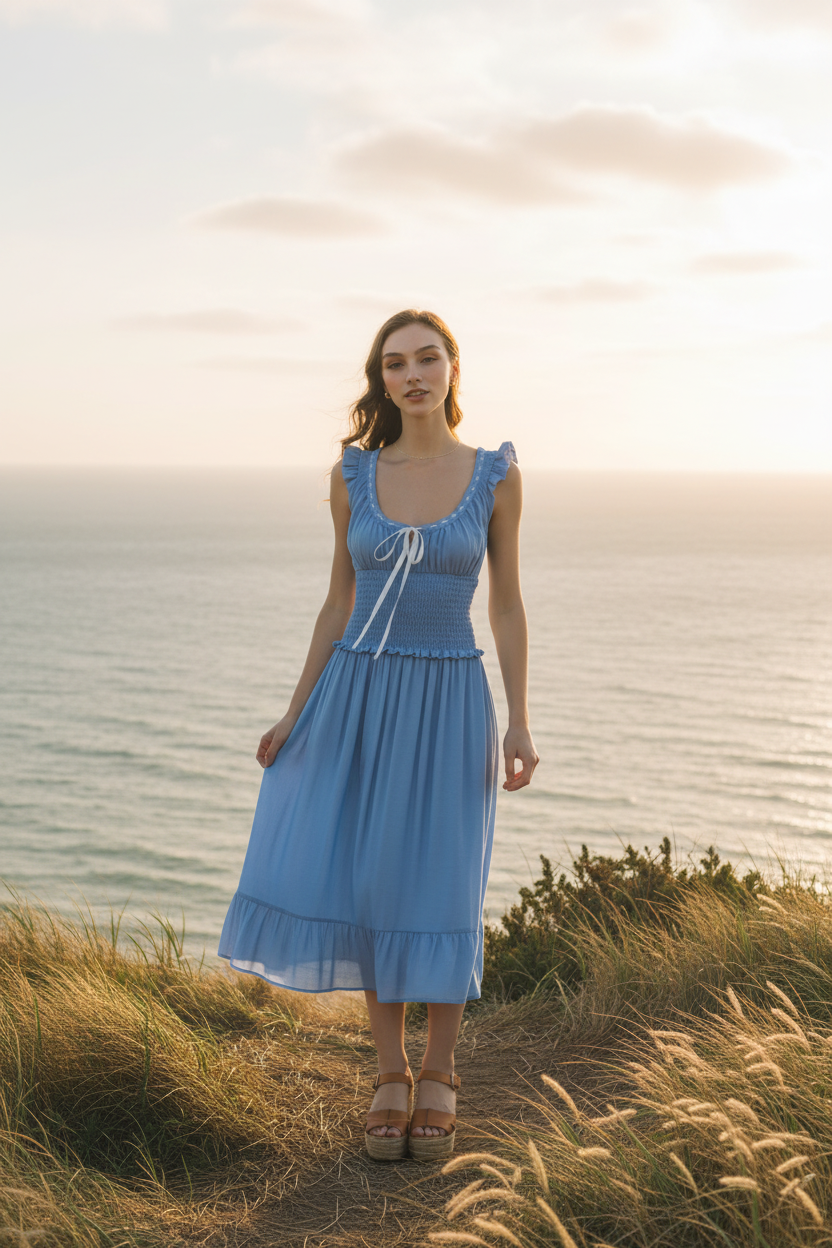 Light blue smocked midi dress with ruffle details and coastal cliff background