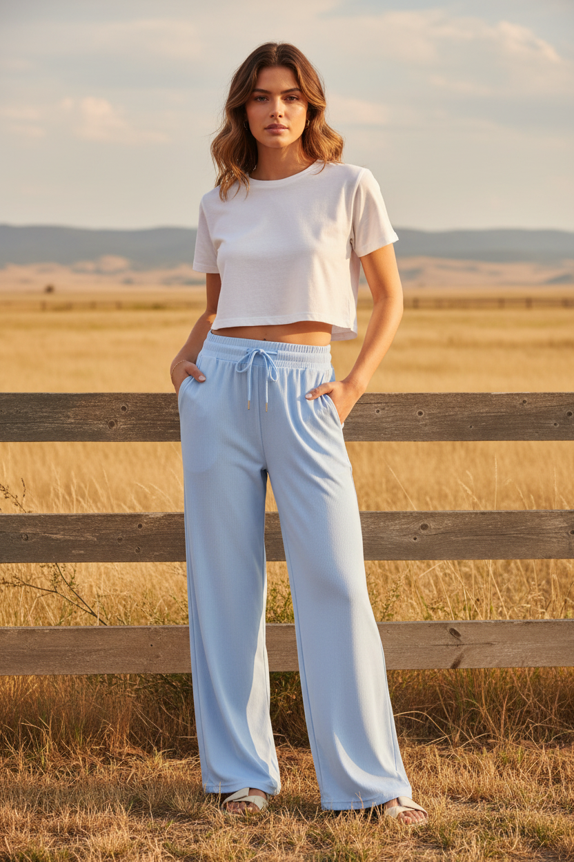 Light blue wide leg lounge pants with western boho ranch background