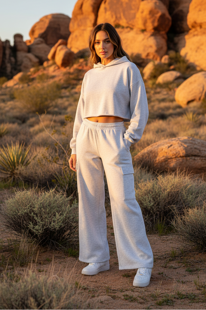 Light gray cargo pants with desert landscape