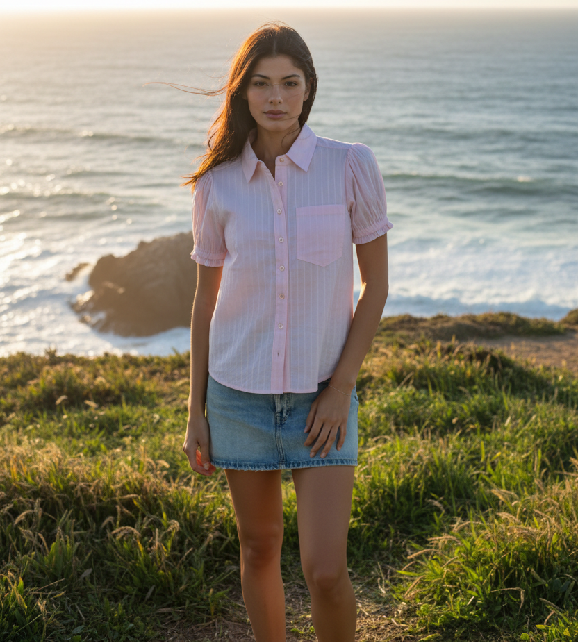 Light pink button-up shirt with puff sleeves and denim skirt with coastal cliff background
