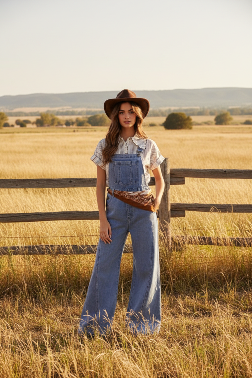 Light wash denim overalls with wide leg and western boho ranch background - alternate version