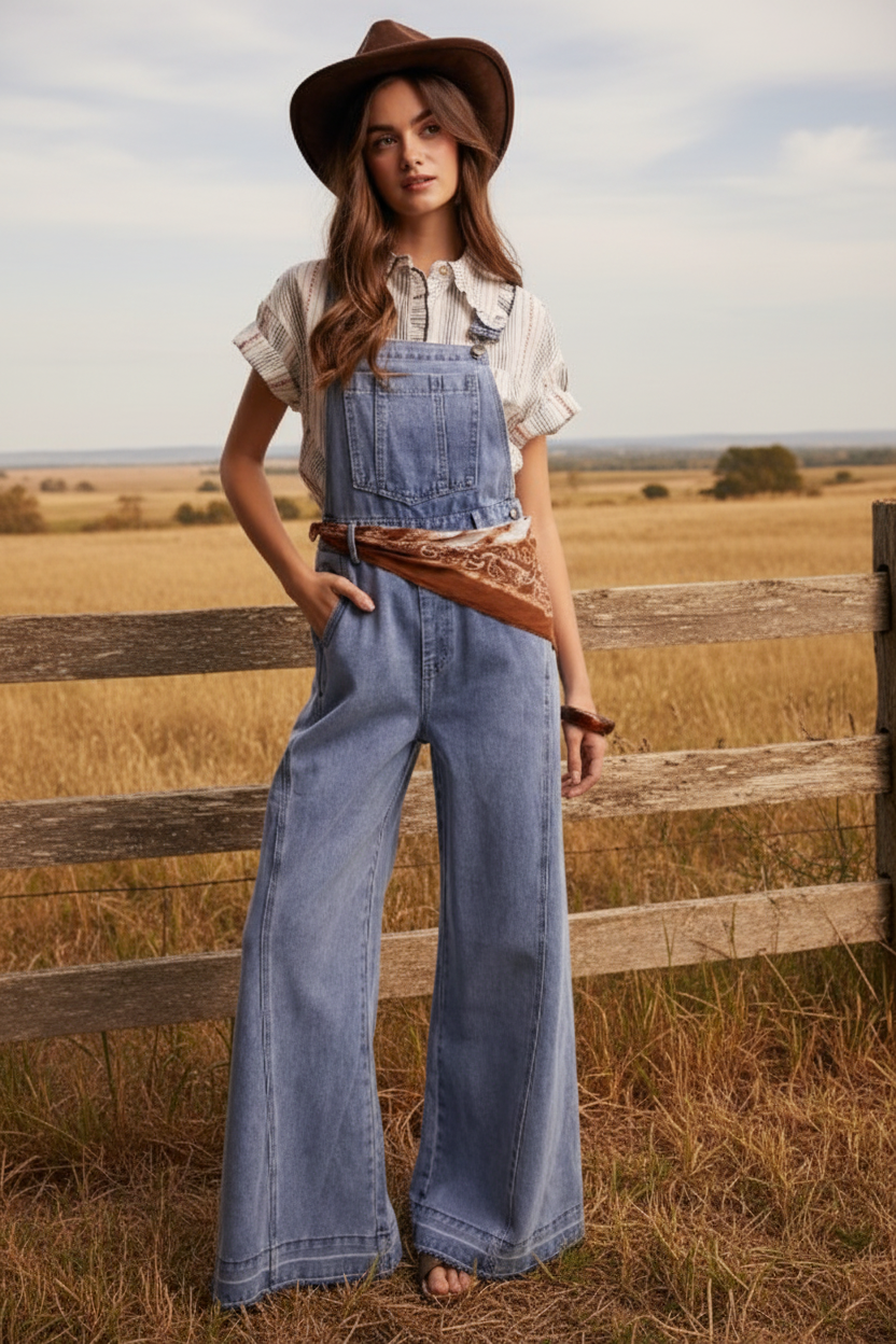 Light wash denim overalls with wide leg and western boho ranch background