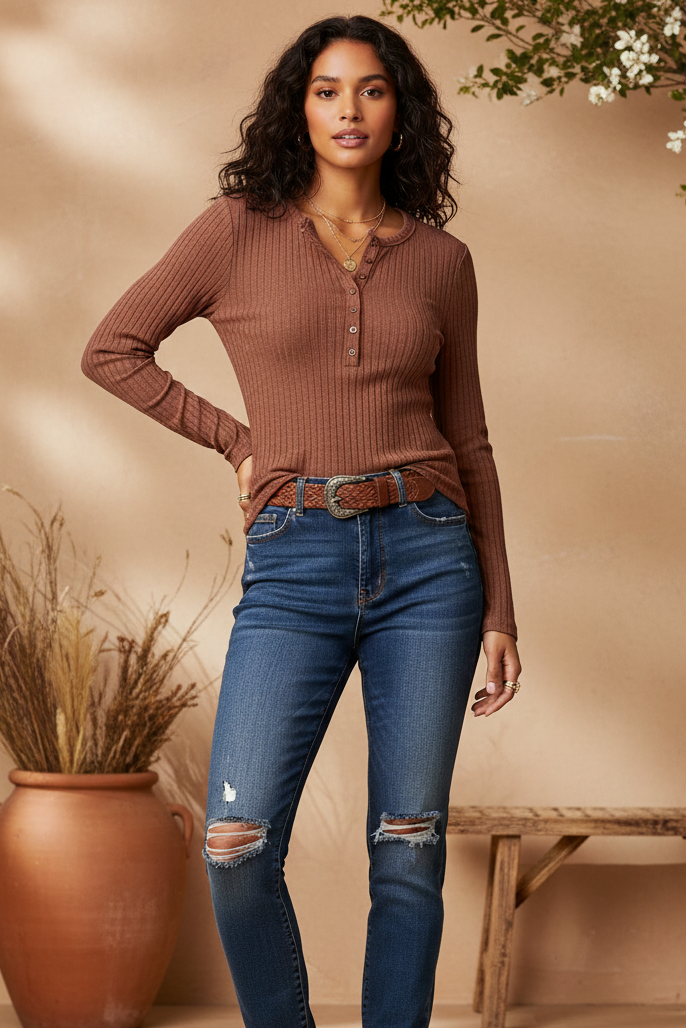 Mahogany henley top on model with styled background