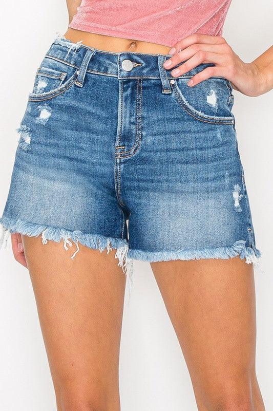 MEAGAN MID RISE DISTRESSED SHORTS - West End Boutique