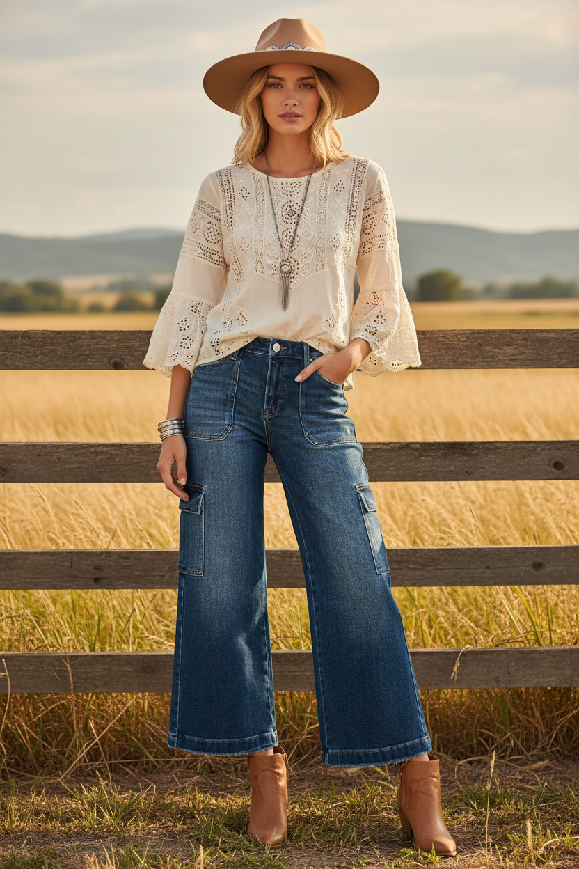 Medium wash wide leg cargo jeans with western boho ranch background