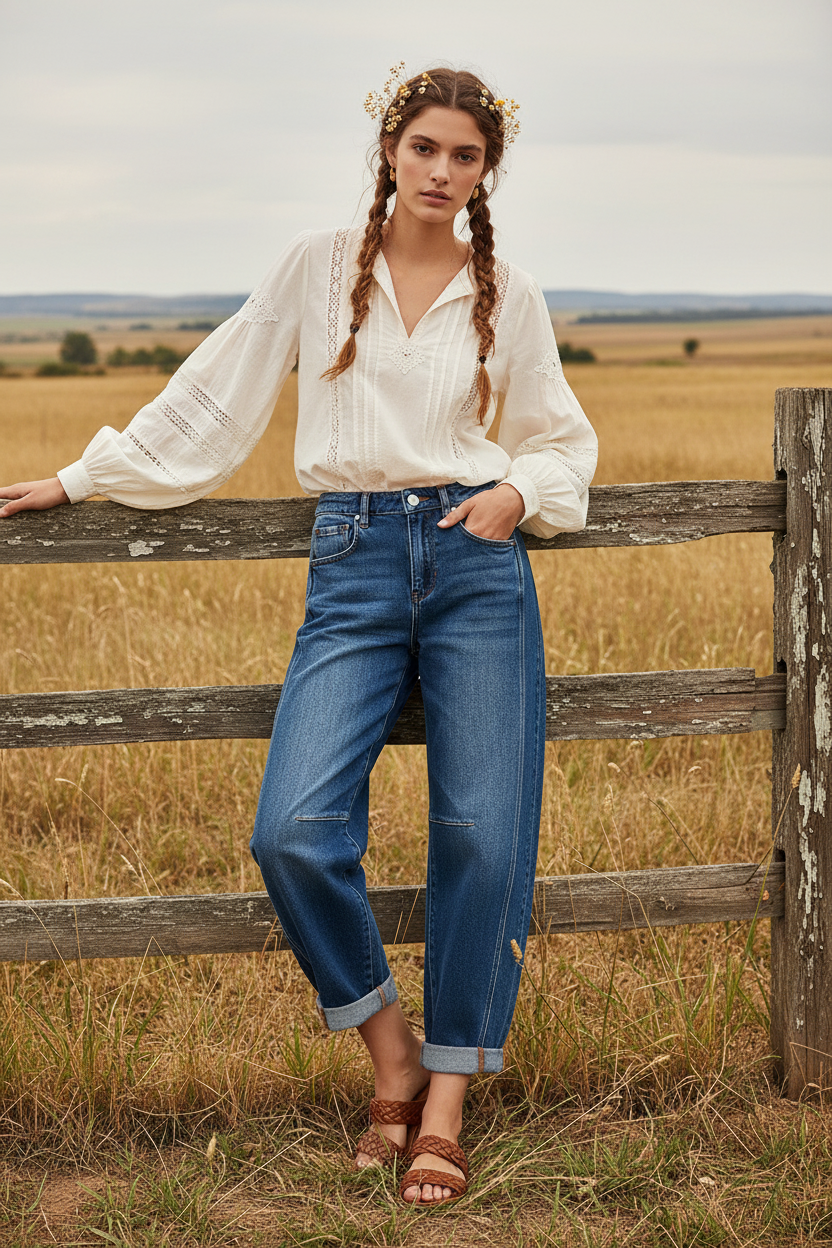 Medium wash wide leg jeans with contrast stitching and western boho ranch background