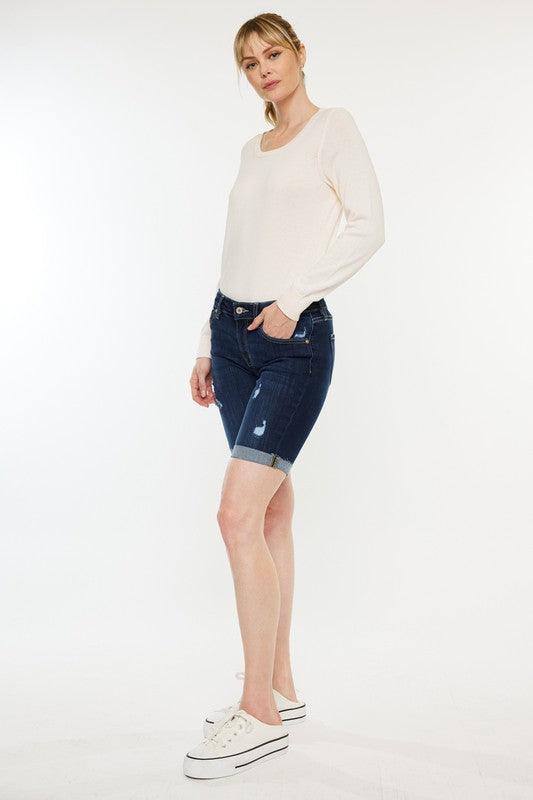 MINDY MID RISE CUFFED RAW HEM BERMUDA SHORTS - West End Boutique