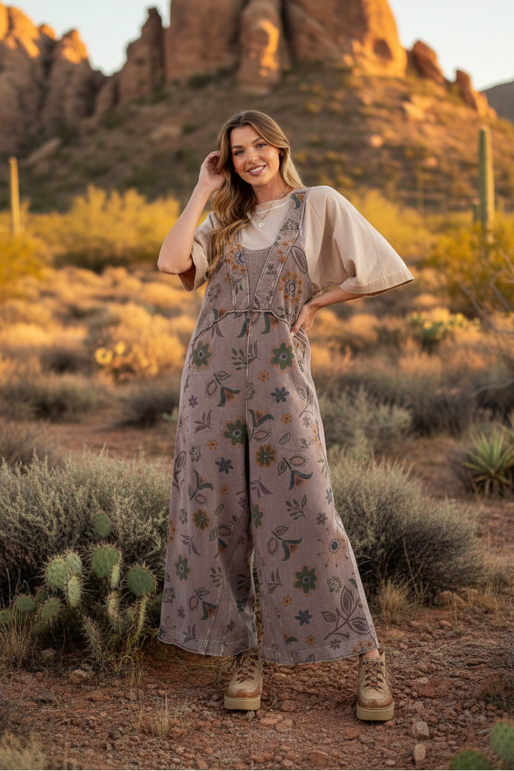 Mocha floral print overalls with desert landscape