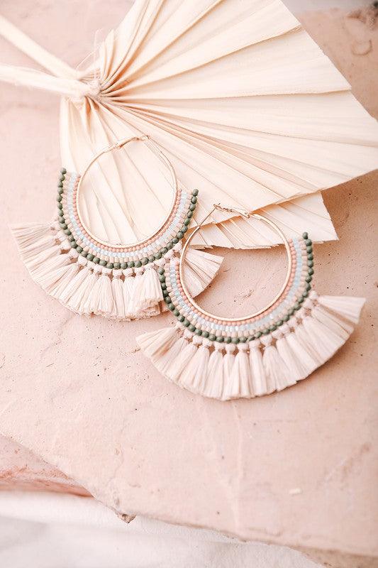 Natural Bead and Raffia Fan Hoop Earrings - West End Boutique