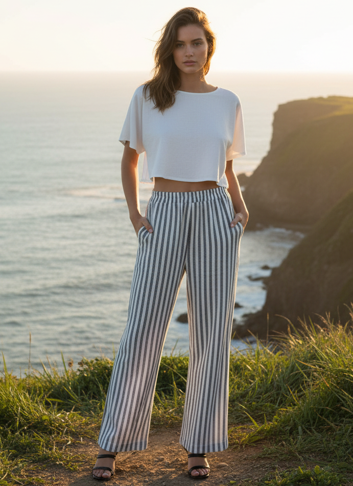 Navy and white striped wide leg pants with coastal cliff background - front view