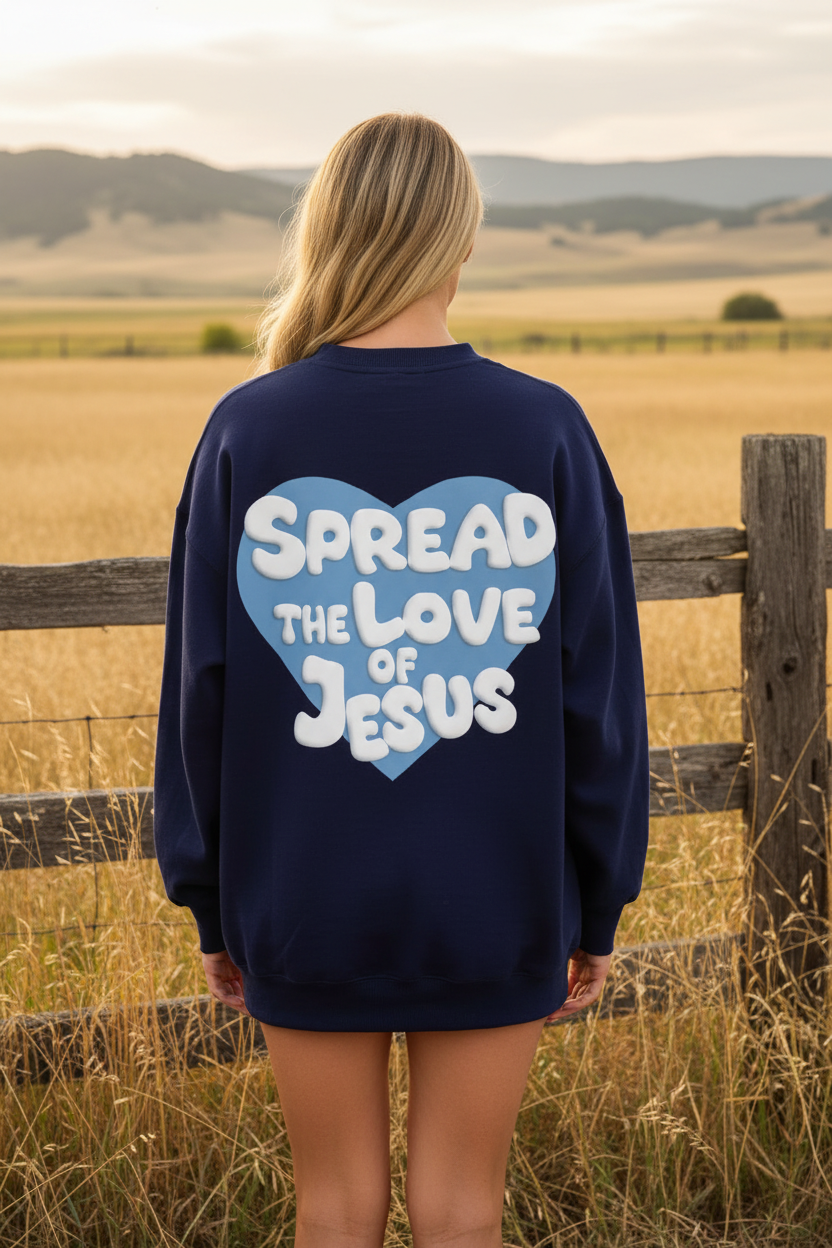 Navy Spread the Love of Jesus graphic sweatshirt with western boho ranch background
