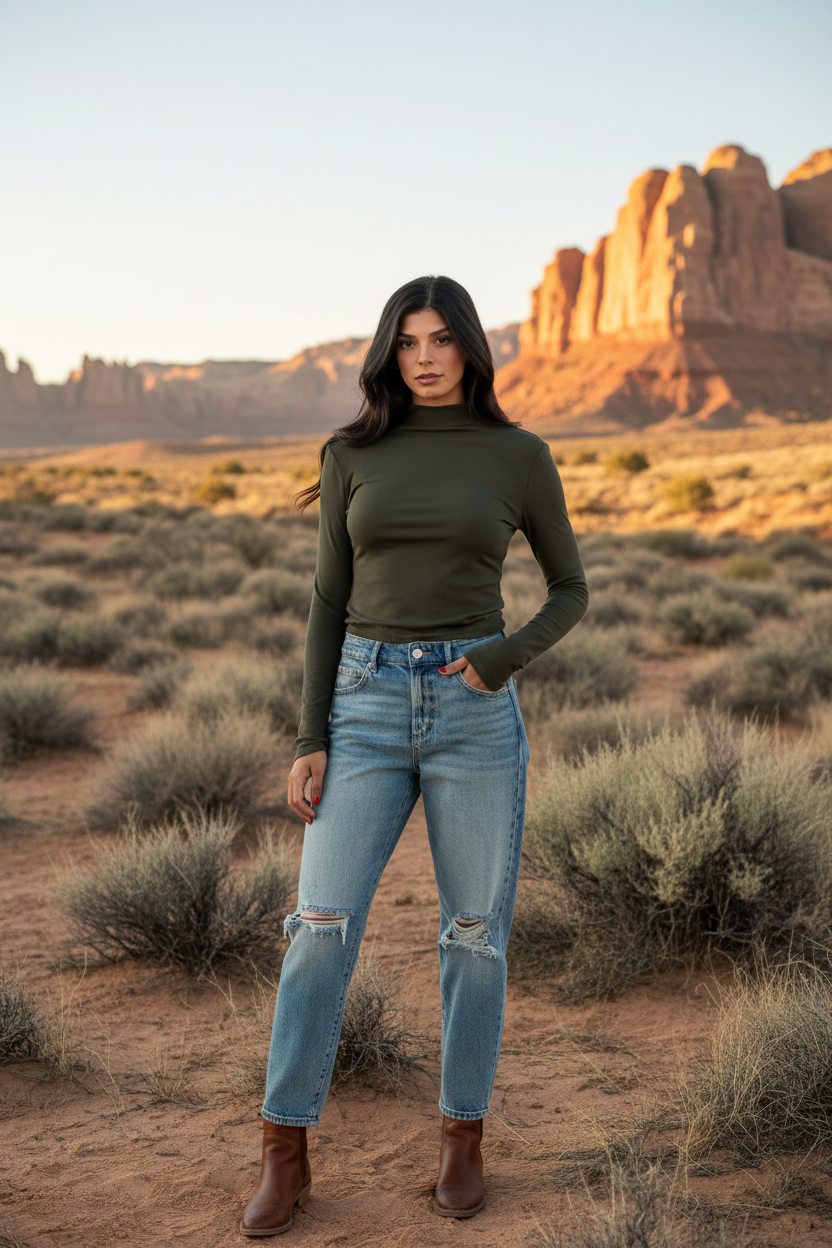 Olive green mock neck long sleeve top with desert landscape