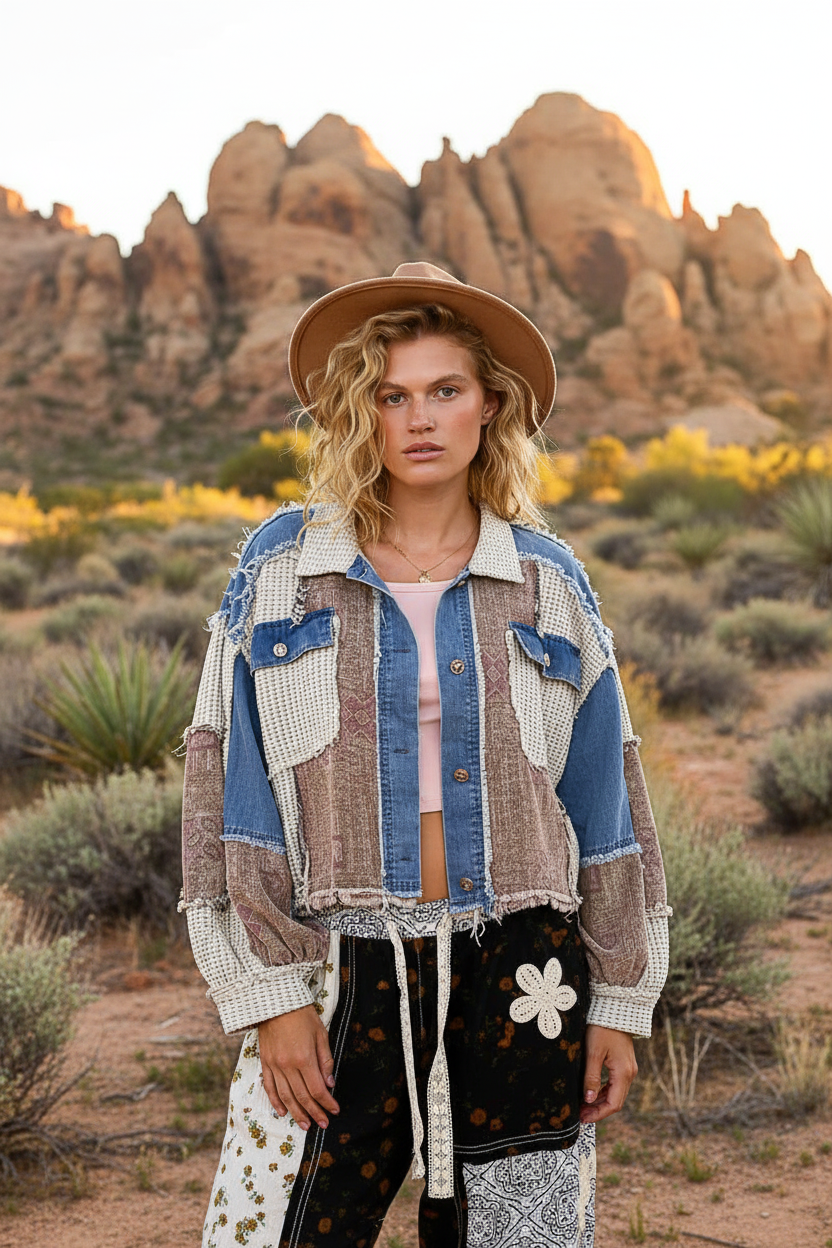 Patchwork denim jacket with desert landscape