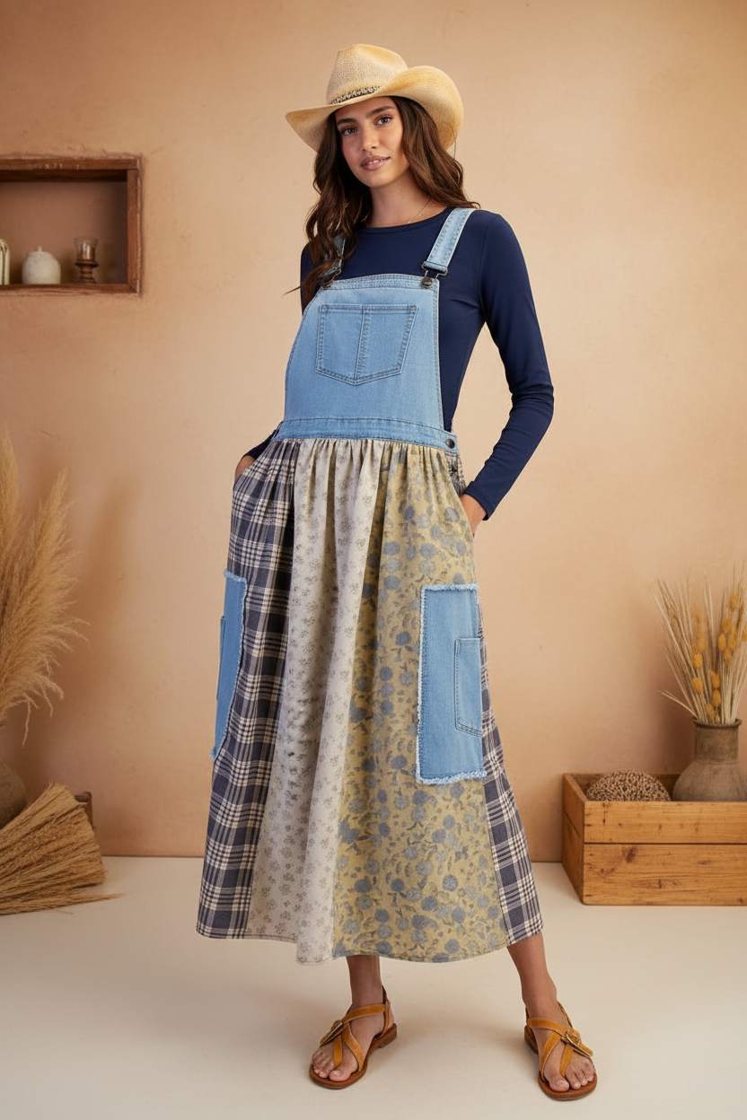 Patchwork denim overall dress with different undershirt