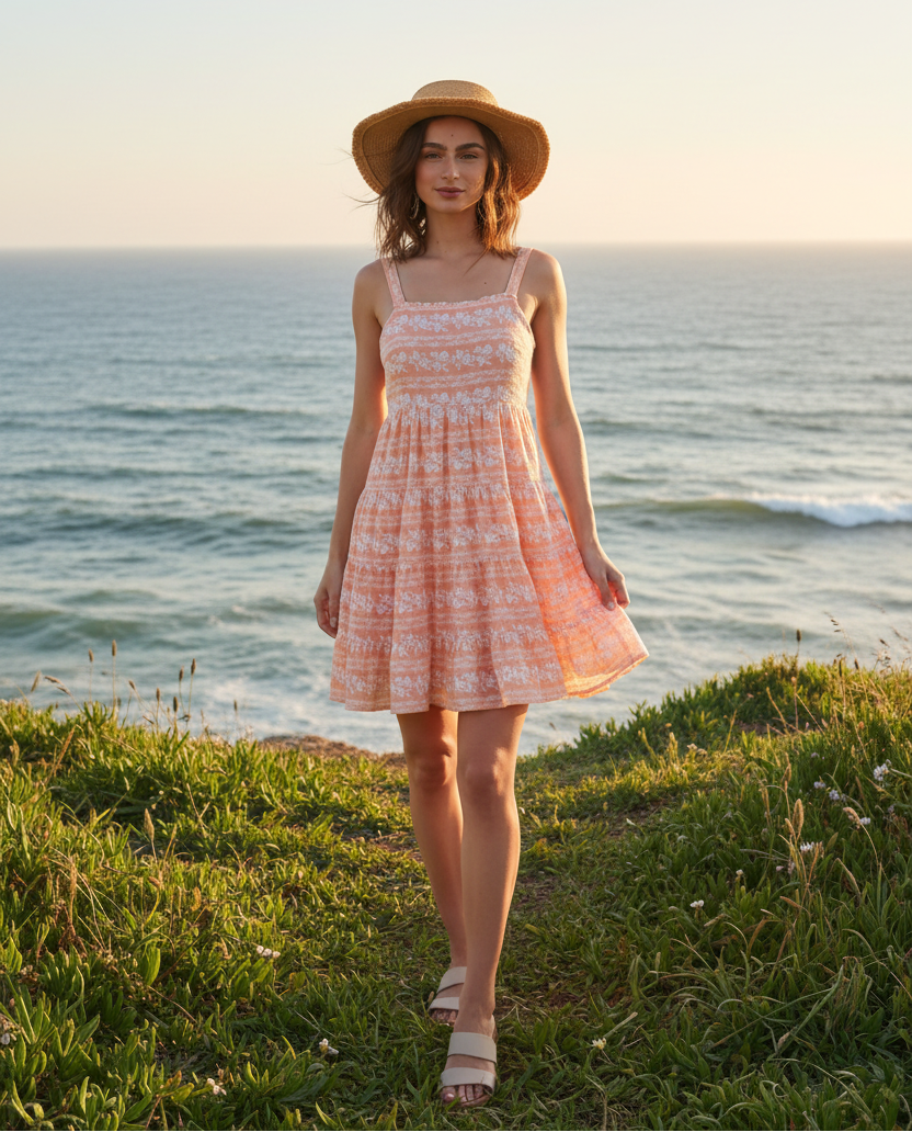 Peach floral tiered mini dress with coastal cliff background