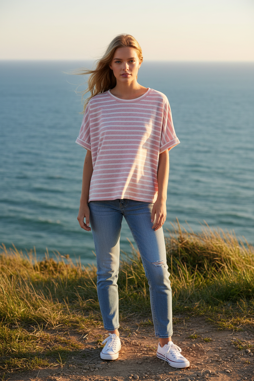 Pink and white striped oversized tee with coastal cliff background