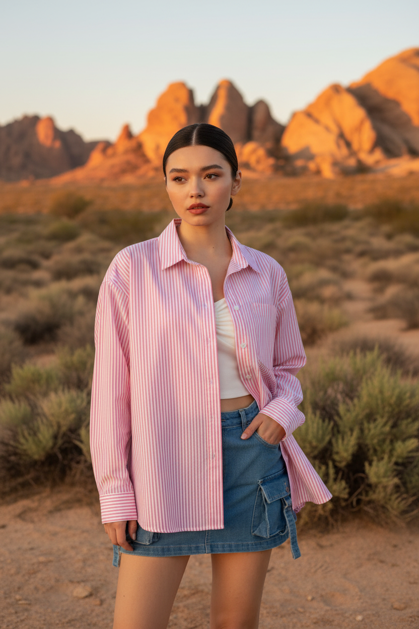 Pink and white striped shirt with denim shorts and desert landscape