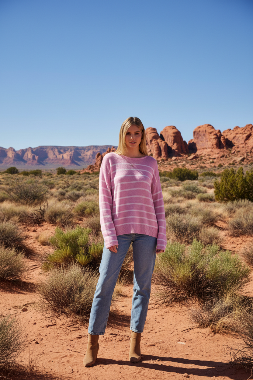 Pink and white striped sweater with desert landscape
