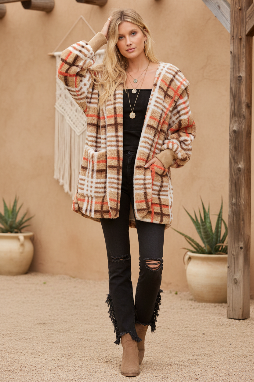 Plaid fuzzy hooded cardigan on model with styled background