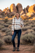 Plaid sherpa jacket with desert landscape