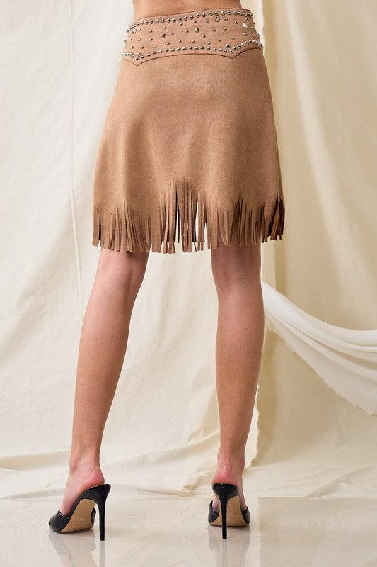 REBECCA THIN SUEDE STUD FRINGE SKIRT - West End Boutique