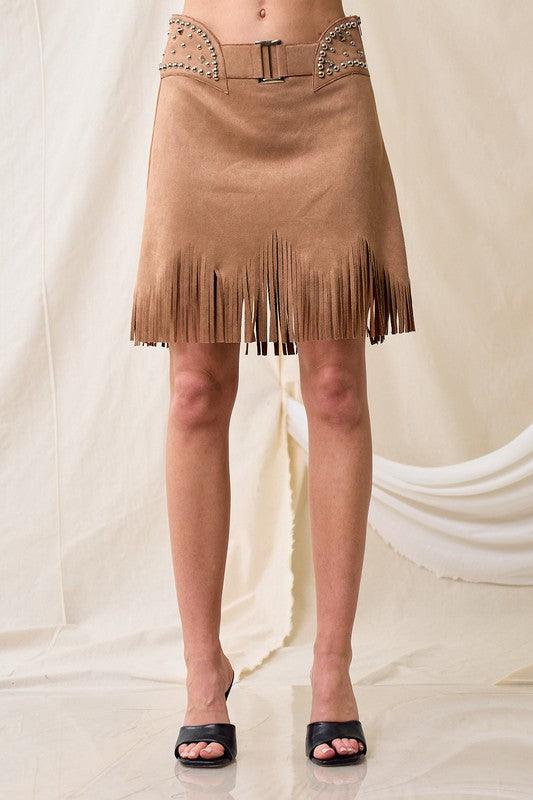 REBECCA THIN SUEDE STUD FRINGE SKIRT - West End Boutique