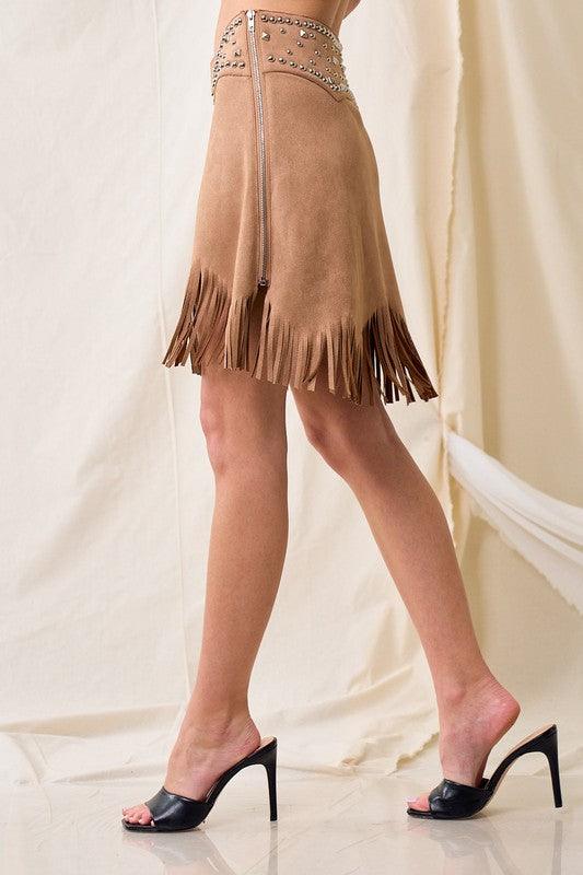 REBECCA THIN SUEDE STUD FRINGE SKIRT - West End Boutique