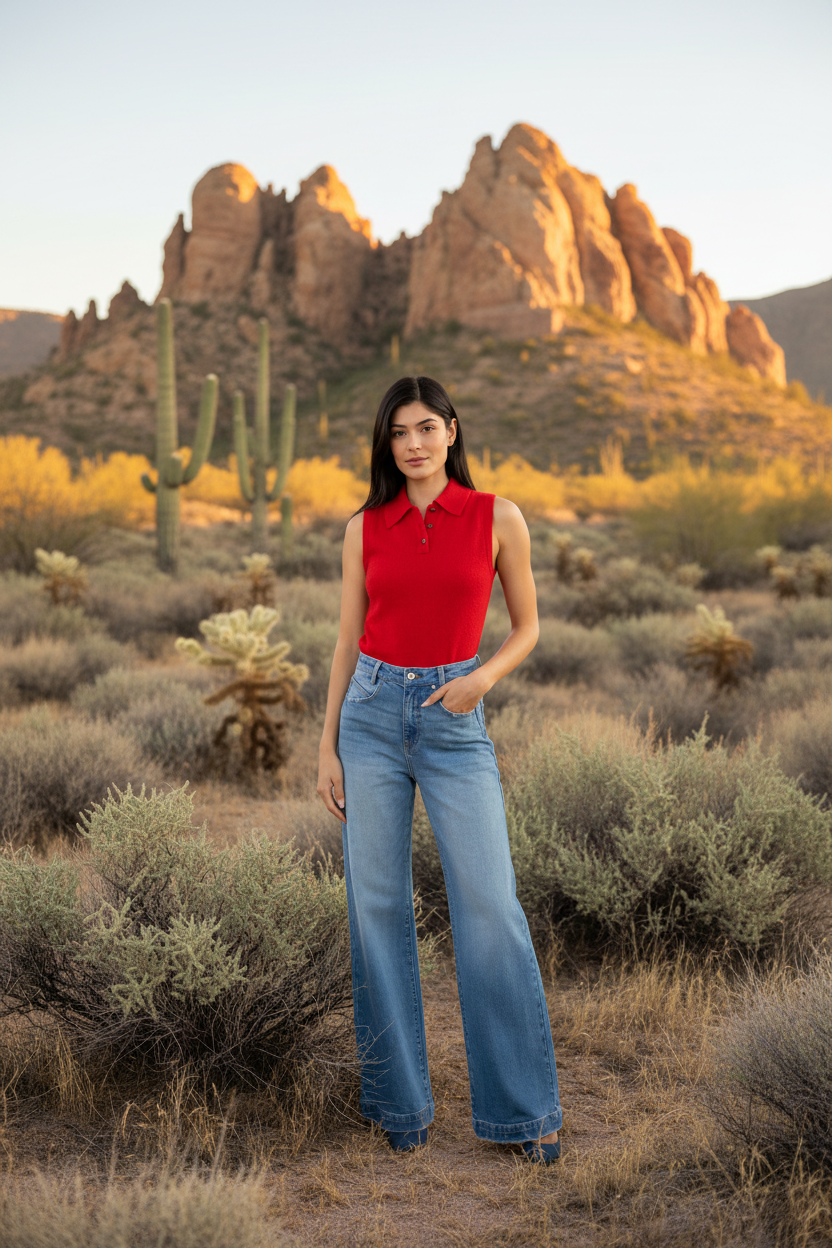 Red sleeveless top with desert landscape - revised