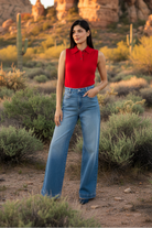 Red sleeveless top with desert landscape