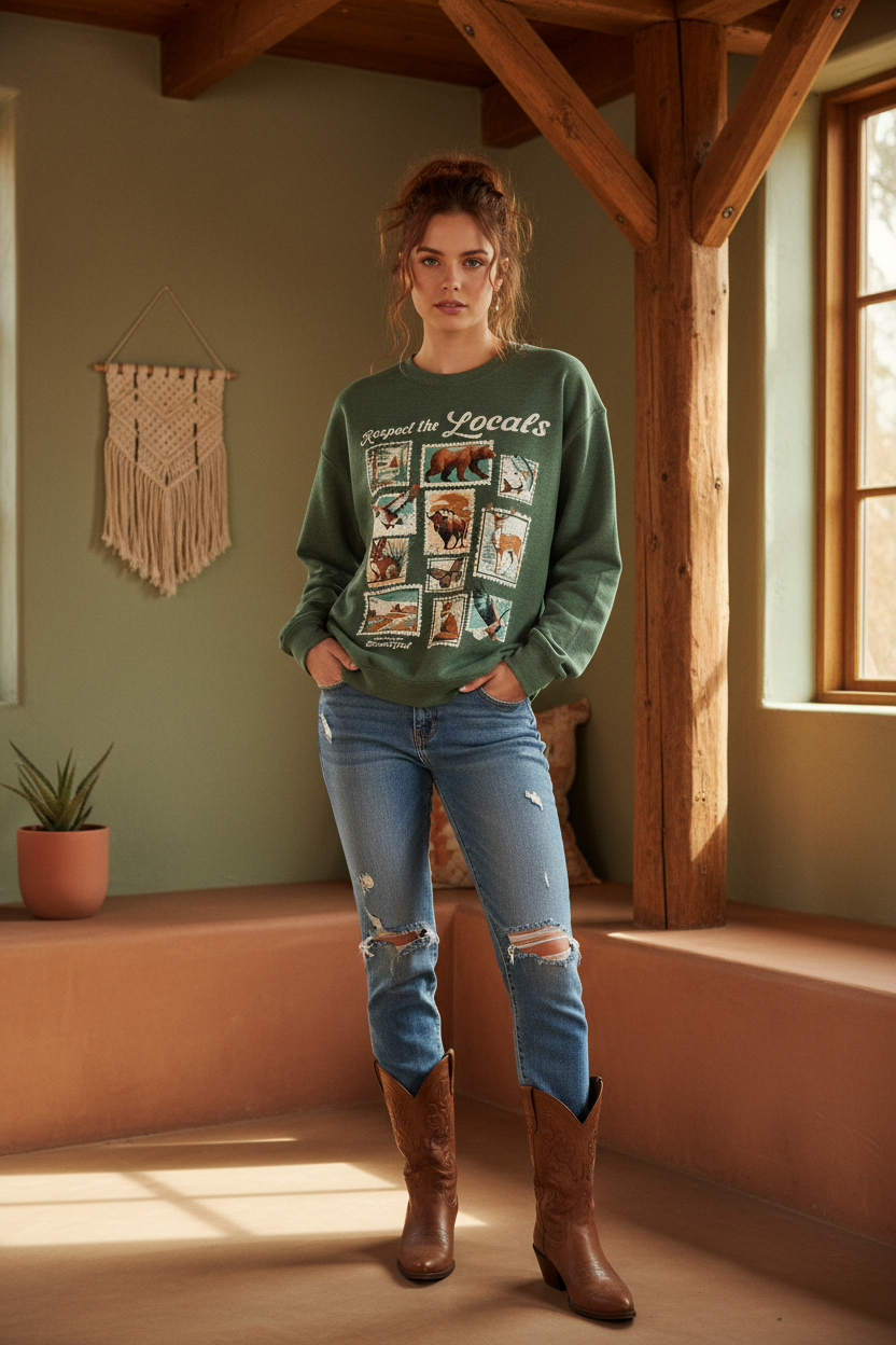 "Respect the Locals" graphic sweatshirt on model with styled background