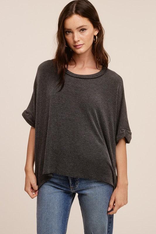 Rib Knit Cuff Sleeve Tee FINAL SALE - West End Boutique