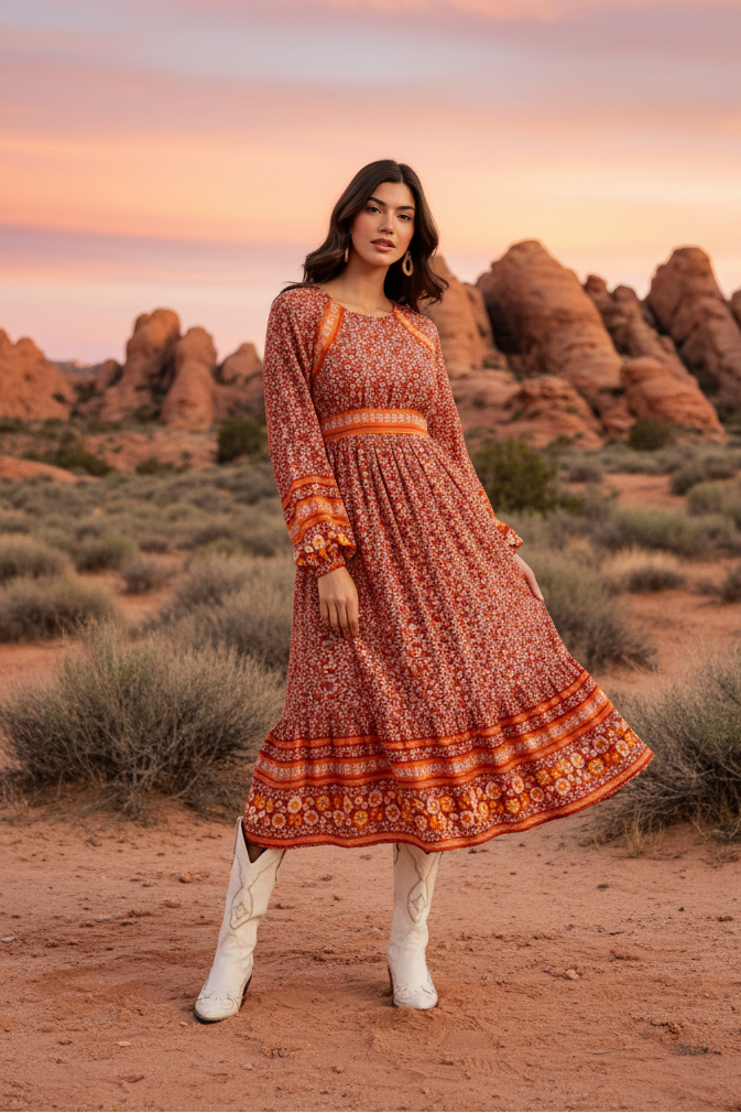 Rust orange floral print midi dress with desert landscape