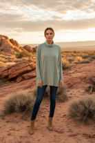 Sage green cowl neck oversized tunic top with desert landscape