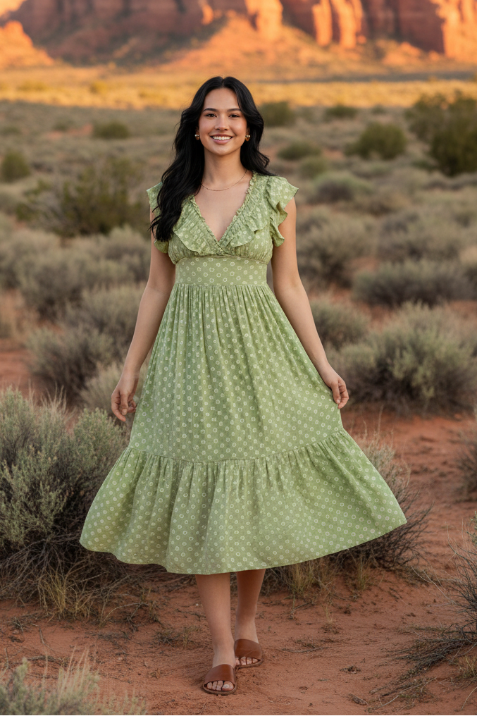 Sage green floral print midi dress with ruffle neckline and desert landscape