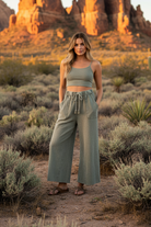 Sage green wide-leg pants with desert landscape