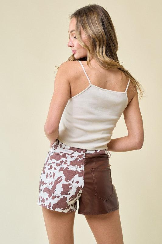 SANDY TWO TONE COW PRINT SHORTS WITH PU CONTRAST - West End Boutique