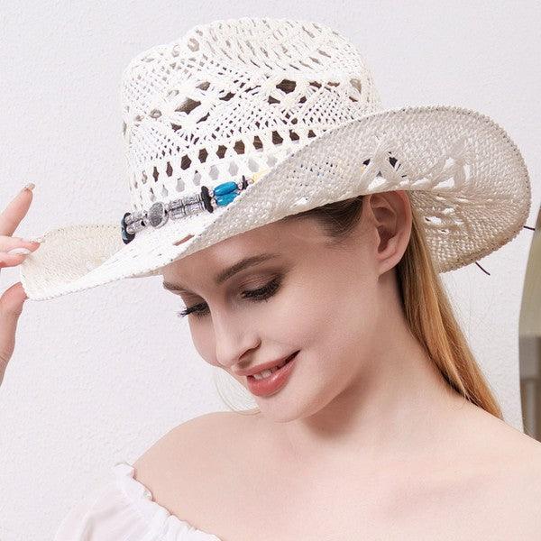 STRAW WESTERN STYLE BAND COWBOY HAT - West End Boutique