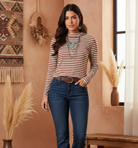 Striped hooded long sleeve top on model - corrected