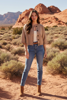 Tan cropped button-front cardigan with desert landscape