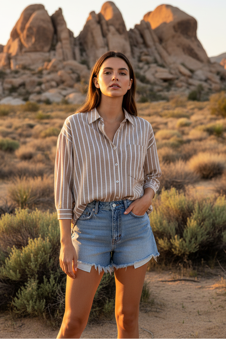 Taupe and white striped shirt with denim shorts and desert landscape