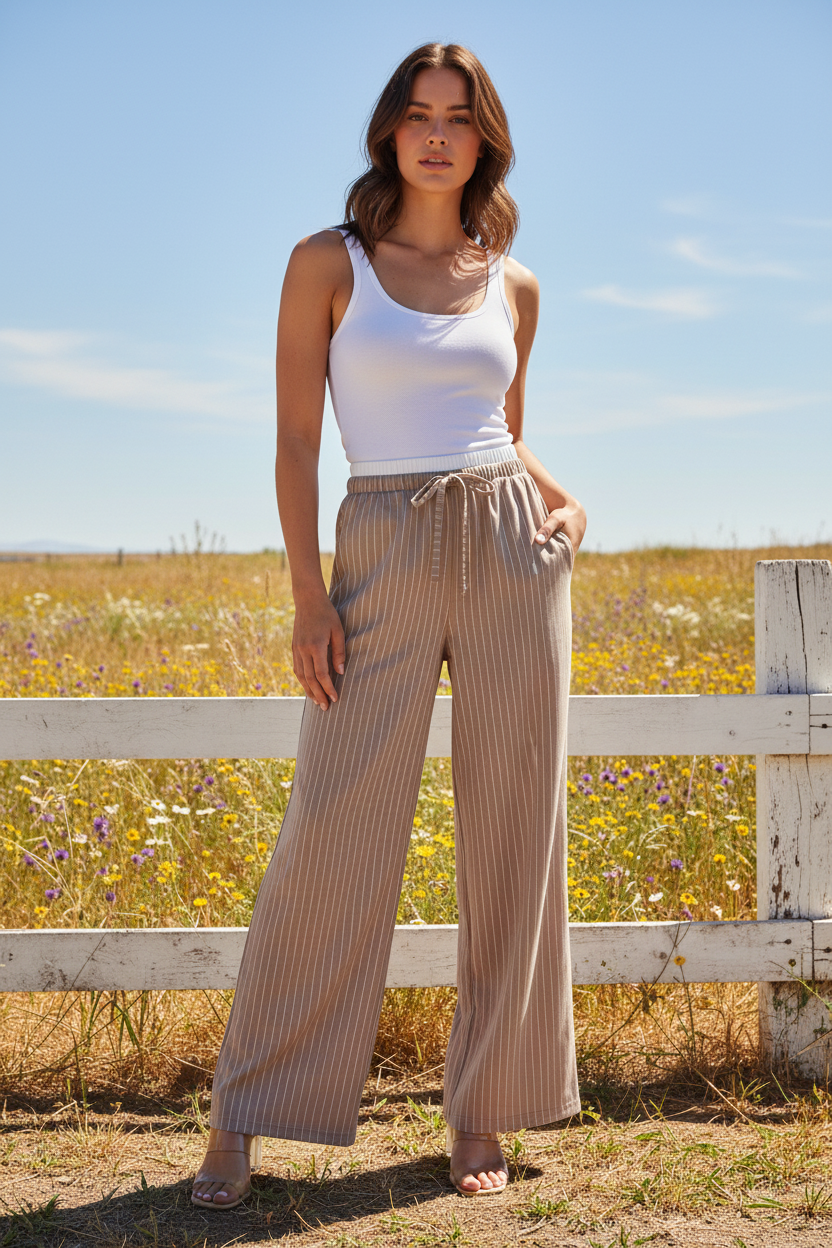 Taupe pinstripe wide leg trousers with white tank top in bright boho western setting