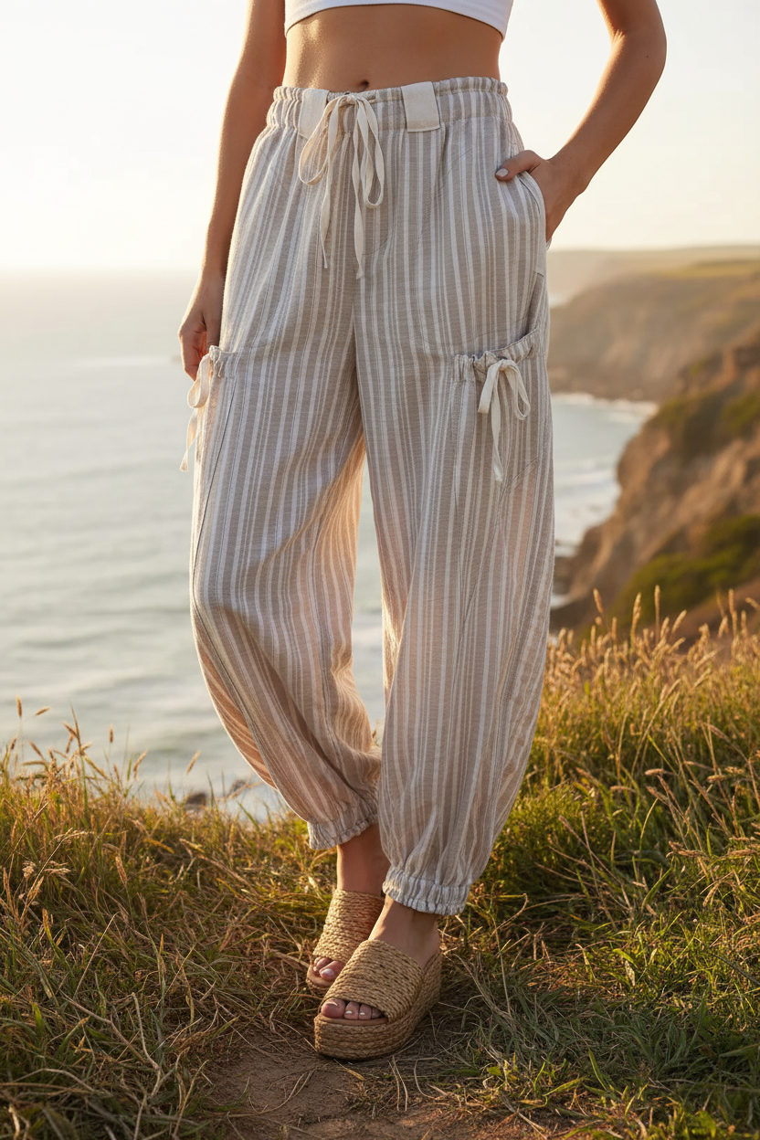 Taupe striped cargo joggers with coastal cliff background